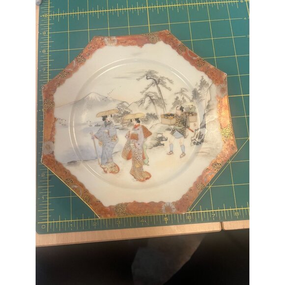 Antique Japanese Satsuma Porcelain Decorative Plate With Scenic Landscape hex - Picture 3 of 6